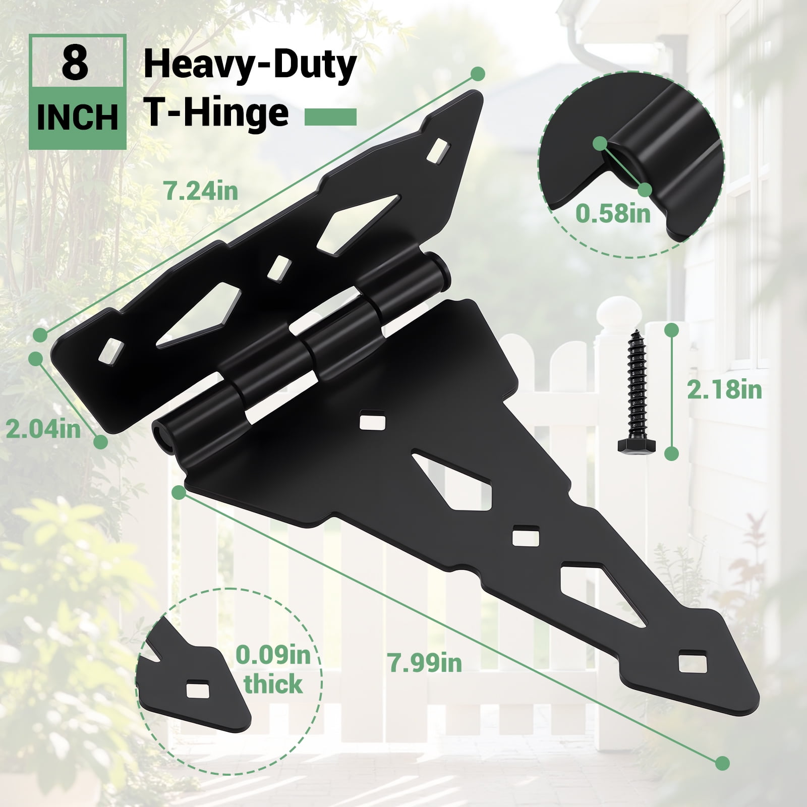 WellMade 4 Pack Heavy Duty Gate Hinges，8 in Decorative T Strap Hinge Wood Fence with Screws for Barn Doors, Storage Bins, and Tool Boxes
