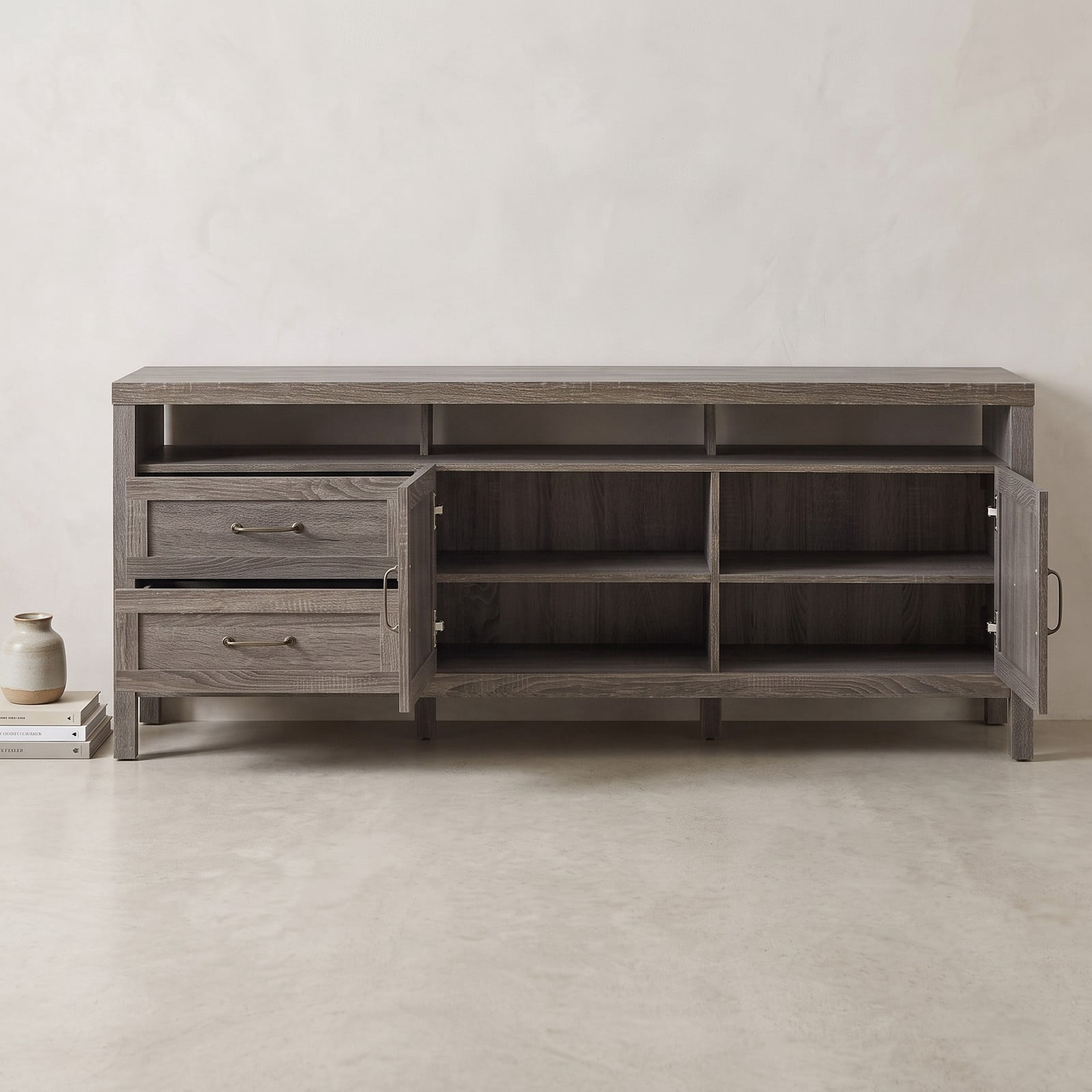 Furnibear Universal TV Stand Entertainment Media Center Console with Rattan Cabinets and Open Shelf for TVs up to 65 Inch, Living Room Bedroom Storage Furniture, Gray