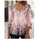 thumbnail image 1 of Tops de manga de siete cuartos para mujer, camiseta elegante con estampado de flores botánicas, blusa holgada informal con botones y cuello en V, 1 of 5