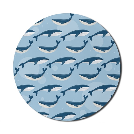 Sea Animals Mouse Pad for Computers, Cartoon Abstract Whale Pattern Nautical Natural Large Fish Underwater Print, Round Non-Slip Thick Rubber Modern Mousepad, 8" Round, Blue White, by Ambesonne