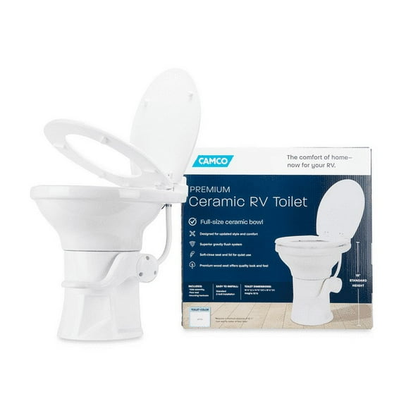 Camco Premium Ceramic Camper/RV Toilet | Features a Gravity Flush System with Convenient Foot Pedal & Full-Sized Ergonomic Design with 18-In Chair Height | Includes Soft-Close Wood Seat & Lid (41710)