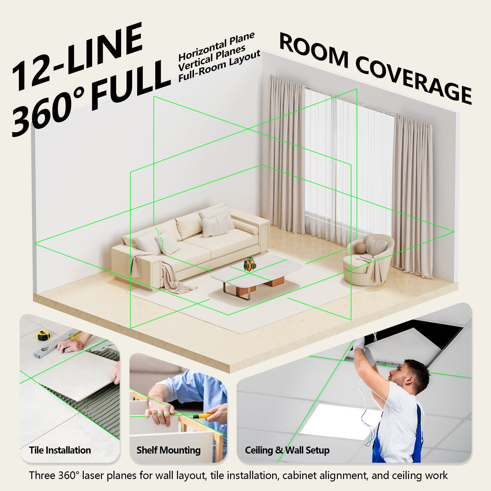 12-Line Laser Level, 3x360 Self Leveling Green Laser Level ,Passed the 4-FT drop durability test, USB-C Rechargeable, Pulse Mode, Magnetic Bracket, IP54 for Tile, Ceiling, Floor & Wall Alignment