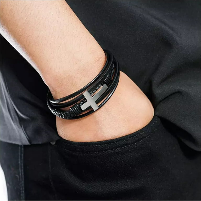 Multilayer Mens Bracelet , Genuine Leather with Cross, Christian Bracelet, Silver/Black / 8.3in
