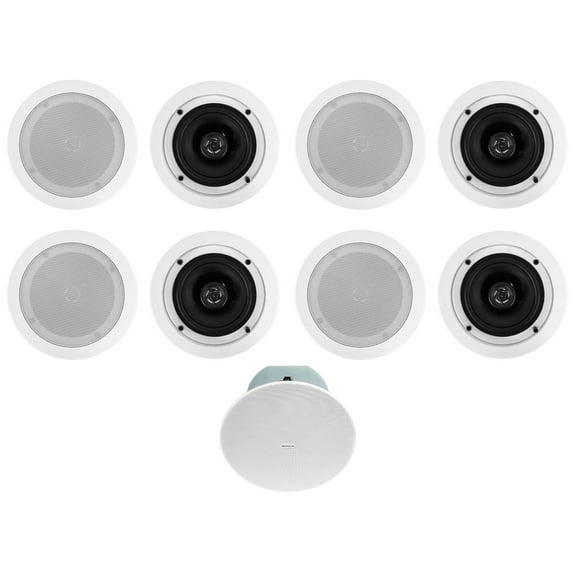 (8) Rockville CC525T 5.25" Commercial 70v White Ceiling Speakers 8" Subwoofer