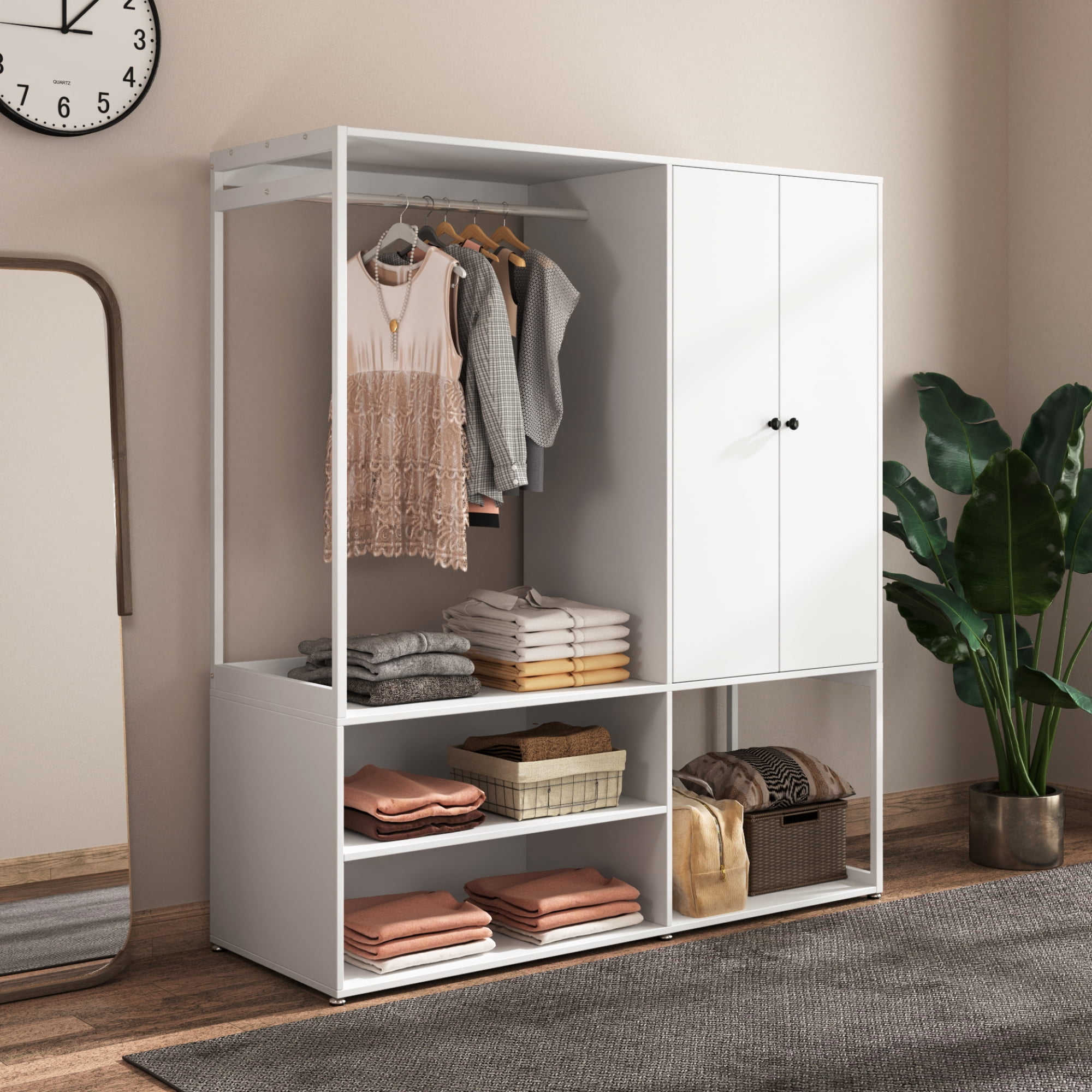 Wardrobe Closet, White Cabinet with Shelves, High wardrobe with 2 Doors with Hanging Rod for Bedroom, Living/Laundry Room