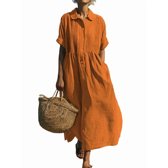 Tnhcen Women's V - Neck Button Front Short Sleeve Loose Fit Plus Size Dress Pre - Shrunken Cotton Linen Look Casual Flowy Daytime Dress for Women S - 2XL