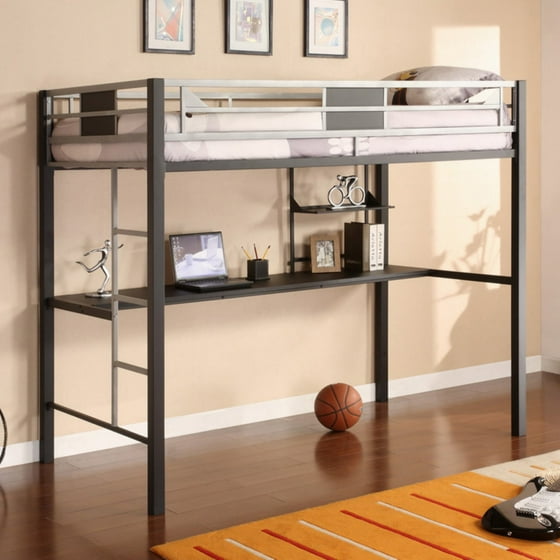 Dorel Silver Screen Twin Metal Loft Bed with Desk, Black/Silver