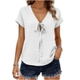 thumbnail image 2 of Rutainlusire Women's Casual Loose Solid Tie Front Bow V Neck Rolled Short Sleeve Tops Blouses Women’s Fashionable Casual Solid Color Short Sleeve V-Neck Imitation With Blouses, 2 of 6
