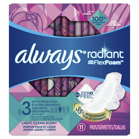 ALWAYS Radiant Extra Heavy Flow Sanitary Pads Size 3 Light Clean Scent With Wings, 11 (Best Sanitary Pads For Heavy Flow)