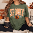 thumbnail image 4 of Spooky Pumpkin Halloween T-Shirt, Retro Bat Spiderweb Graphic Tee, Cute Fall Season Shirt, Vintage October Apparel Gift for Her - Moss, XL, 4 of 5