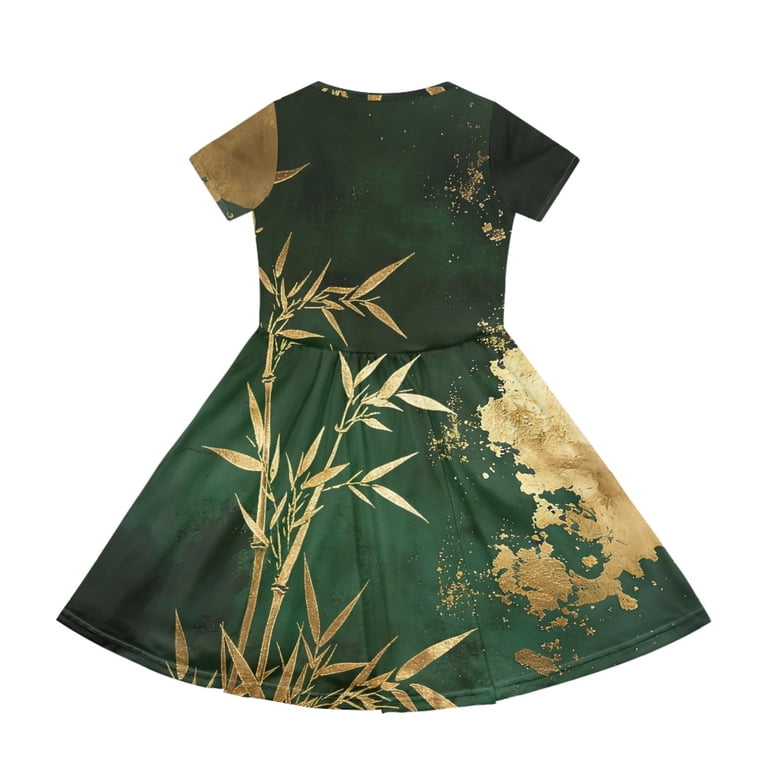 Uourmeti Stylish Short Sleeve Dress for Daily Wear 2-14 Years Old Girls Short Sleeve Casual Long Dress, Gold Bamboo Print