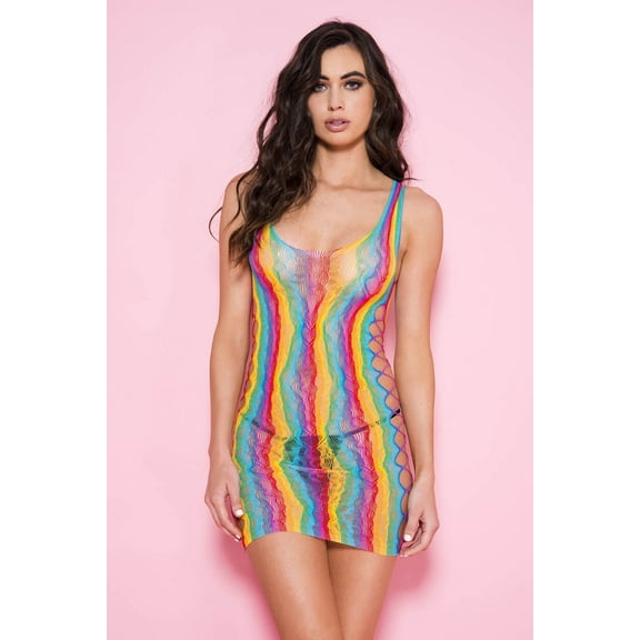 Music Legs Women's Rainbow side cut out net pattern panels Mini 60097-RAINBOW