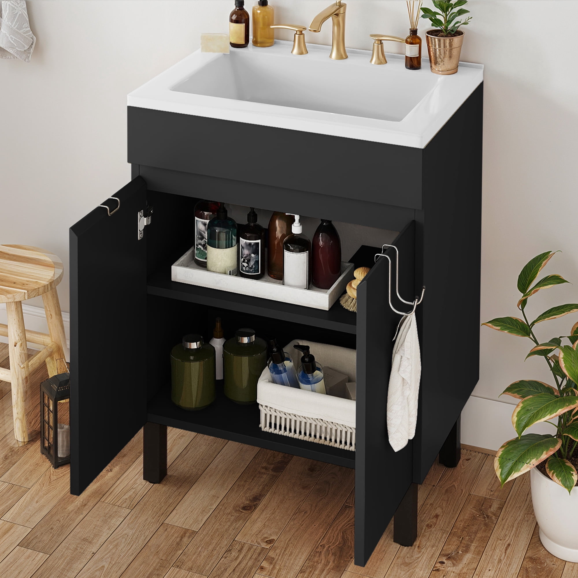 Uforic 24.9" Bathroom Vanity with Top Sink, Modern Free Standing Bathroom Storage Cabinet with Soft Close Door, Black