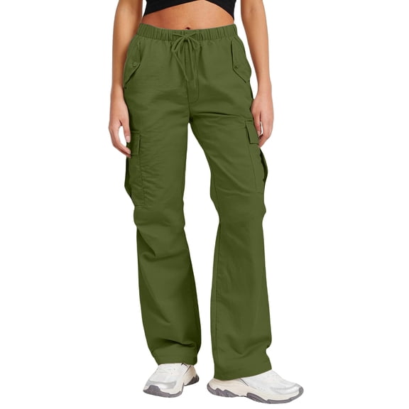 Costeam Womens Lightweight Quick Dry Cargo Pants Multi Flap Side Pockets Adjustable Drawstring Elastic High Waist Solid Color Full Length Flare Casual Utility Trousers