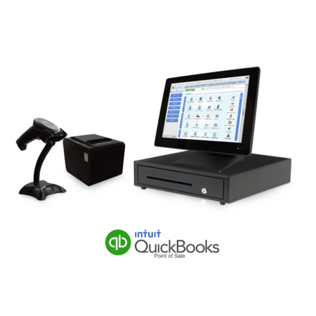 Retail Point of Sale System - includes Touchscreen PC, POS Software (Quickbooks POS V18 Professional), Receipt Printer, Scanner, Cash Drawer, Credit Card Swipe Reader, and Label