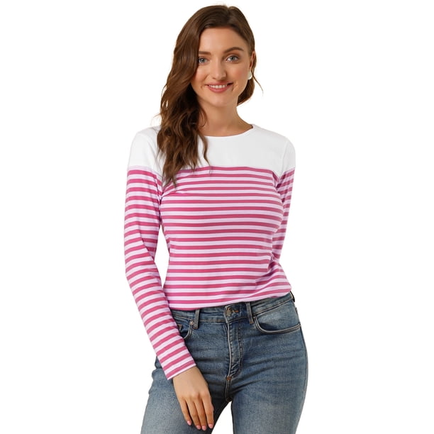 CamiseDe ManLarPaMujer bloque de colorrayas triple color simple FucsS