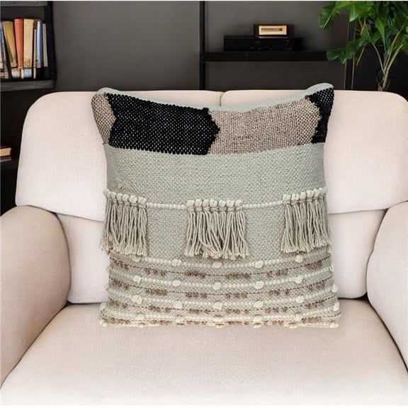 HomeRoots 529338 18 in. Beige & Gold Striped Cotton Blend Throw Pillow with Fringe