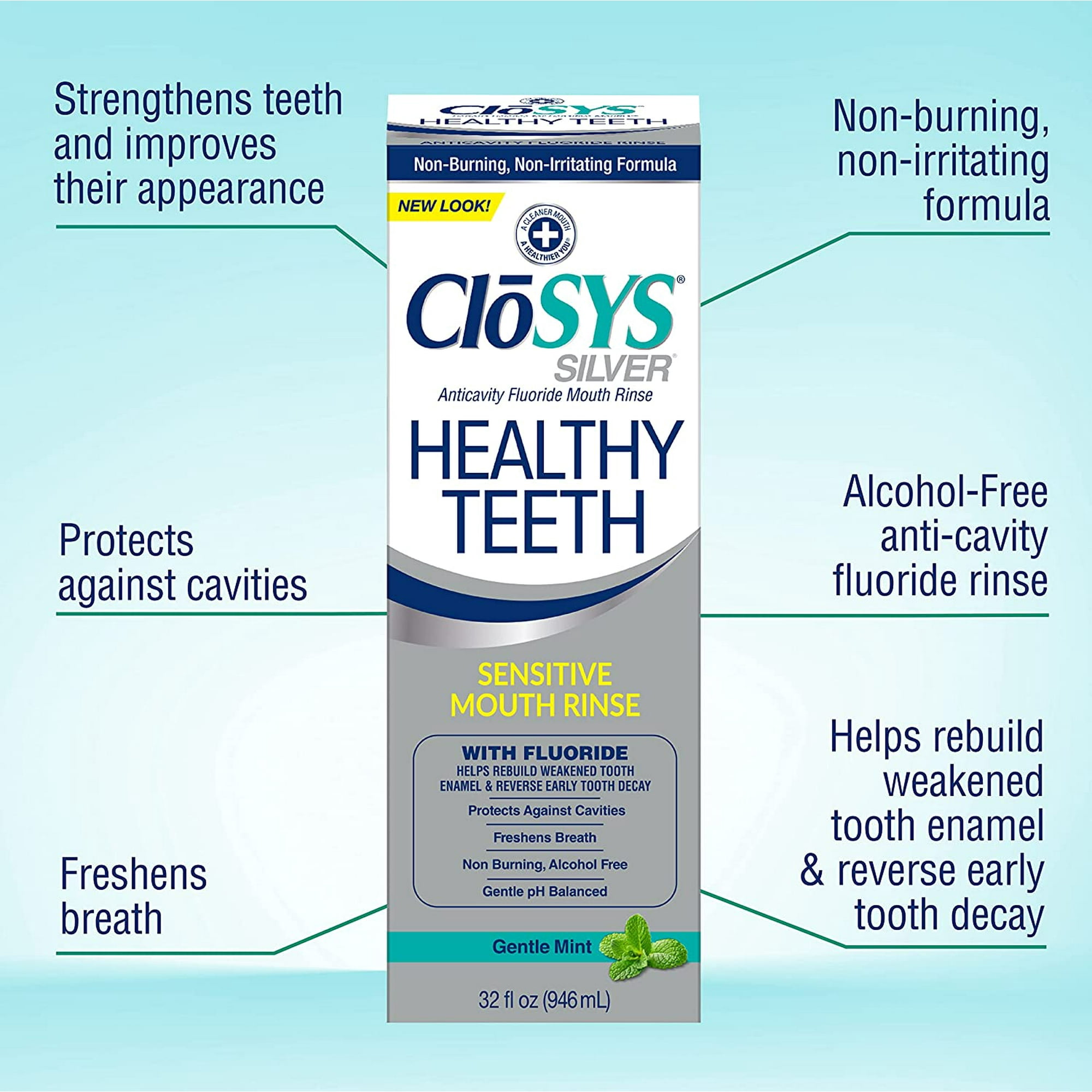 Closys Healthy Teeth Anti-Cavity Oral Rinse Mouthwash with Fluoride, Non-Burning, Non-Irritating – 32 Fl oz
