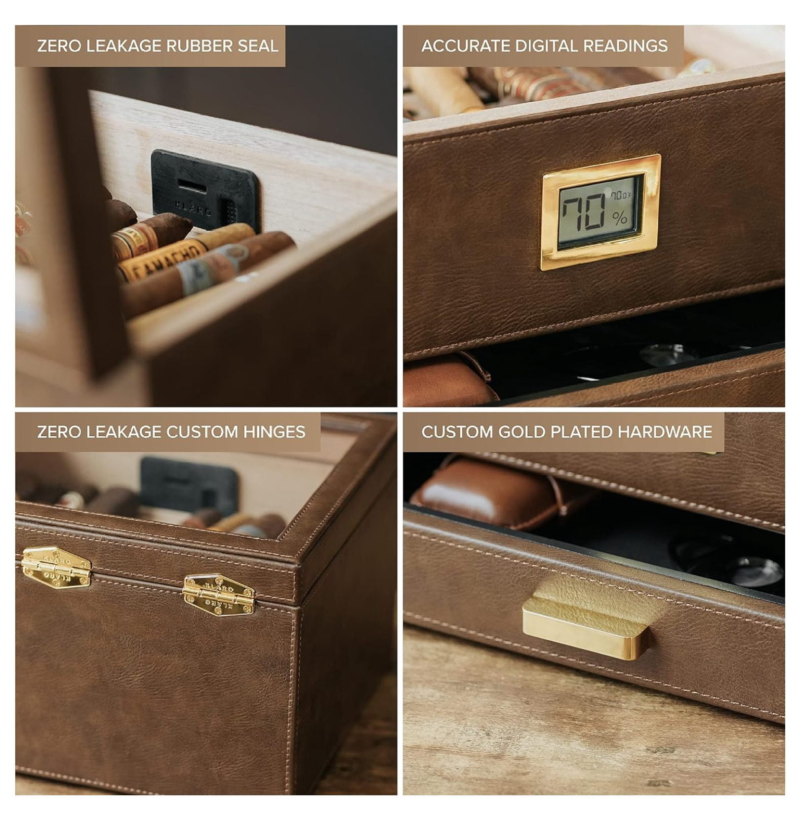 Glass Top Humidor Easy Humidification System, Thick Cedar, Accurate Digital Hygrometer, Leather Wrapped, Brown, Holds 30-60