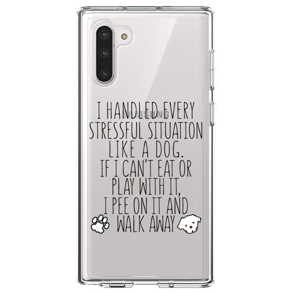 DistinctInk Clear Shockproof Hybrid Case for Samsung Galaxy Note 10 (6.3" Screen) - TPU Bumper Acrylic Back Tempered Glass Screen Protector - Can't Eat or Play, Pee and Walk Away - Dog Lover