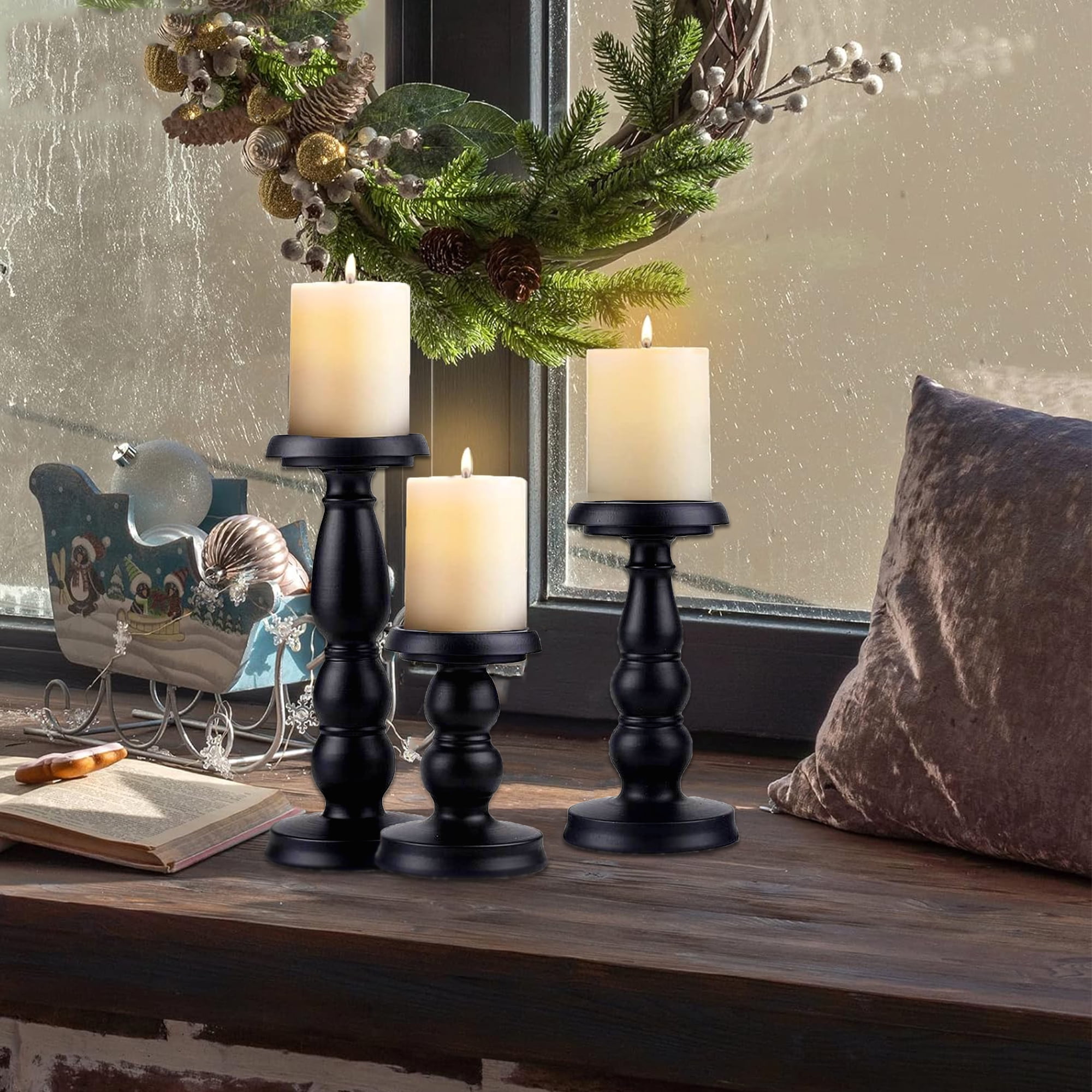 HIDAWN Pillar Candle Holder, 3 Pack Metal Black Retro Candle Stick Holders for Firplace Table Centerpiece Wedding Decoration