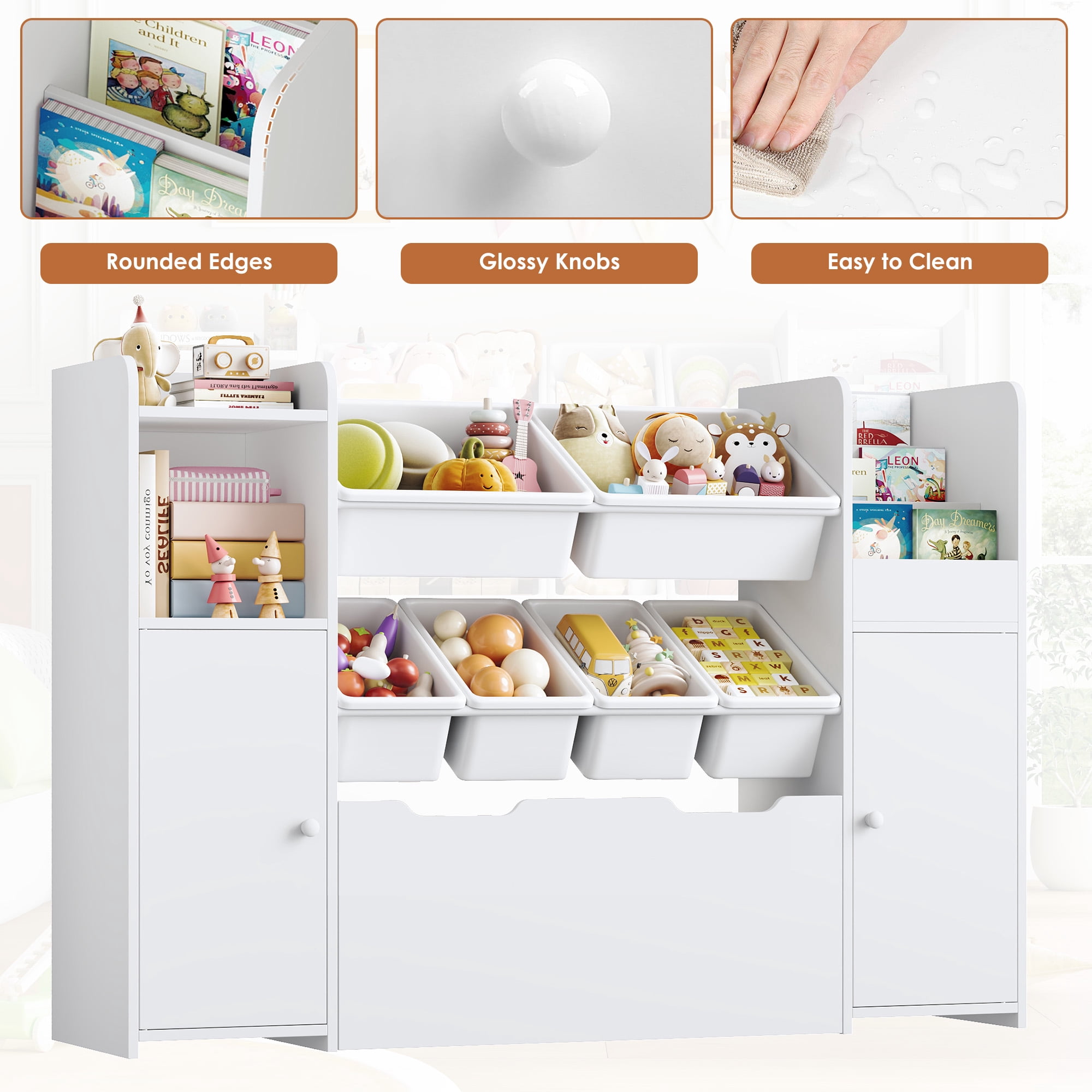 Homfa Kids Bookcase with 2 Doors and Drawer on Wheels, Toy storage Organizer with 6 Bins and Adjustable Shelves, for Kids Playroom, Nursery, White