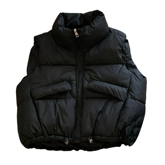 Women Vest Coat Stand Collar Sleeveless Zipper Placket Cotton Waistcoat with Pockets Drawstring Hem Loose Fit Solid Color Puffer Vest
