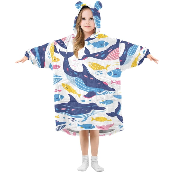 Colorful Whales Fishes Flannel Wearable Blankets Hooded Design Long Sleeves Wrap Unisex for 3T-14Y S