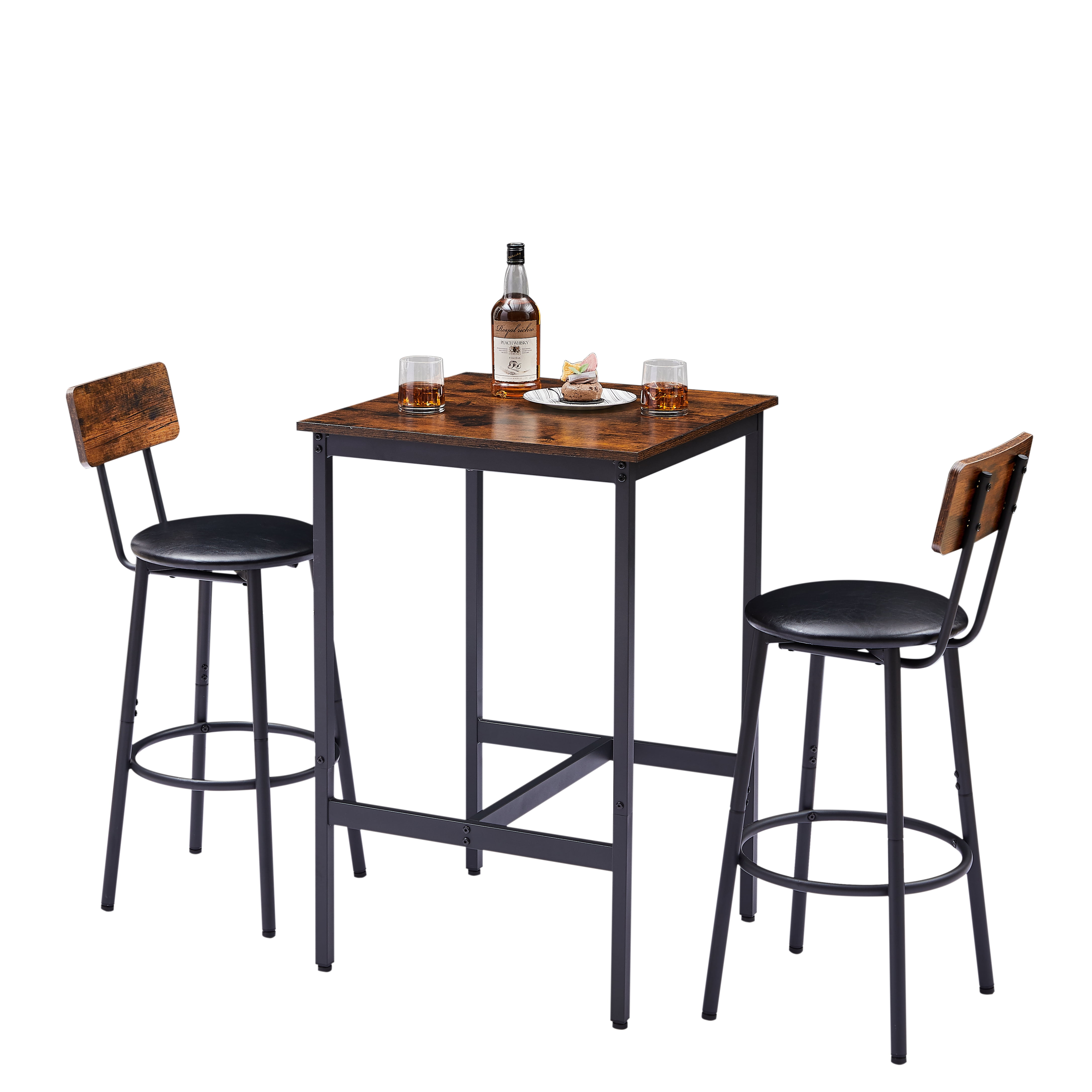 Bar Table Set with 2 Stools, Rustic Brown Counter Height Table, PU Padded Seat with Backrest & Footrest, Space-Saving Bar Furniture for Kitchen Living Room