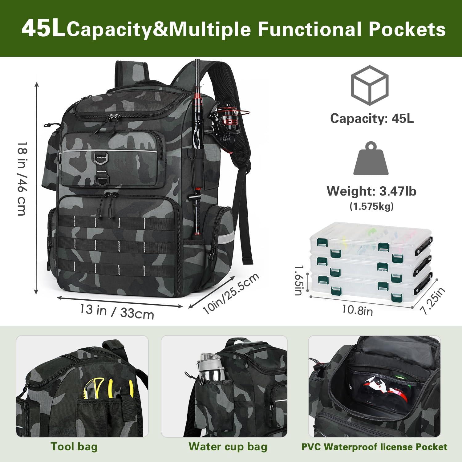 Fishing Backpack With Rod Holders  45l Large Water-resistant Tackle Box Gear Gifts For Men -camouflage