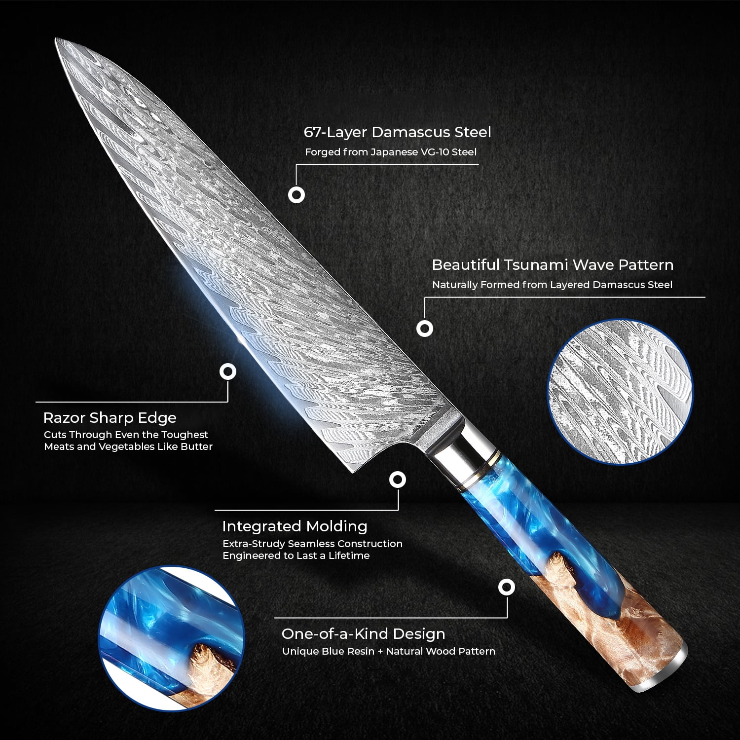 7-Piece Damascus Steel Kitchen Knife Set - Tsunami Collection - 67-Layer Japanese VG10 Steel - Chef's Knife, Cleaver Knife, Bread Knife, & More…