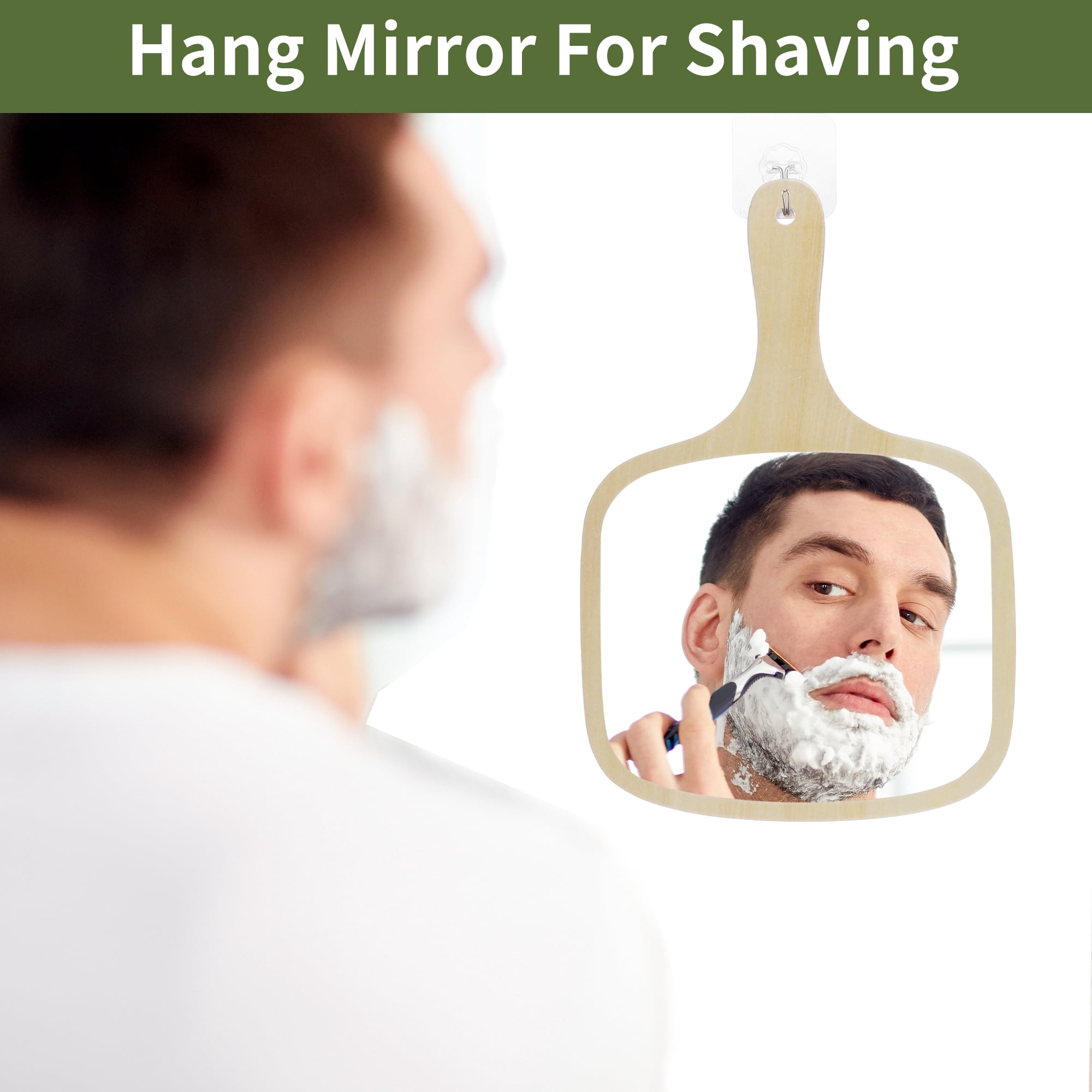 Unique Bargains HMirror with Handle Bamboo Handheld Mirror for Shaving Travel Wood L