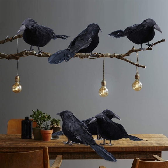 6-Pack Artificial Crow Halloween Decoration, Lifelike Black Feathered Raven Prop for Haunted House Party Display and Spooky Indoor Outdoor Shelf Ornament