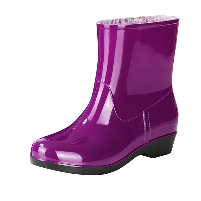 Rain Boots for Women, Mid-Calf Waterproof PVC Upper with Textured Gloss Finish, Low Heel (1-3 cm), Cowhide-Look Sole, Lightweight Spring Summer Work Style
