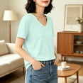 thumbnail image 5 of Fengqque Womens Short Sleeve Tops V Neck Summer T Shirt Casual Basic Tees Solid Color Trendy Tops Green L(L), 5 of 6