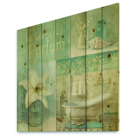 Designart 'Bathroom Lily Parfum Bath Story' Traditional Print on Natural Pine Wood