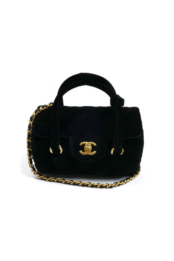 Pre-Owned CHANEL Velvet Mini Bowling 2024 VIP 2-Way Shoulder Bag, Black, Women's