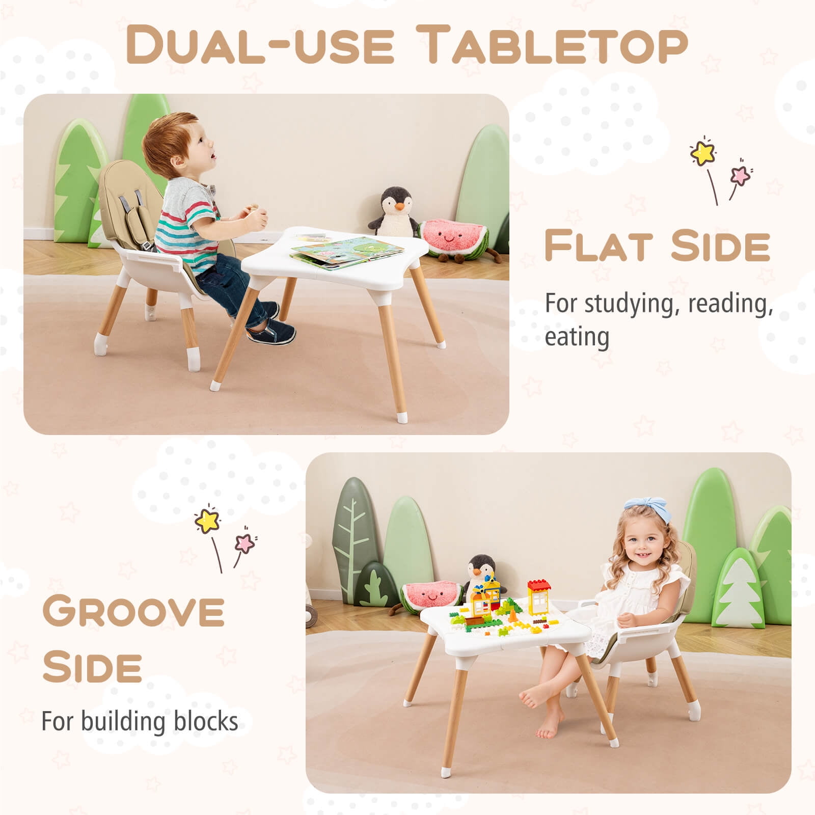 Costway 6-in-1 High Chair for Babies & Toddlers with Building Block Table Beige