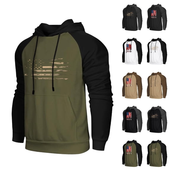 Men's Dark Color Hooded Sweatshirt with Long Flag Print, Casual Drawstring Pullover Including Pockets, Fall Spring Versatile Streetwear,Army Green,L