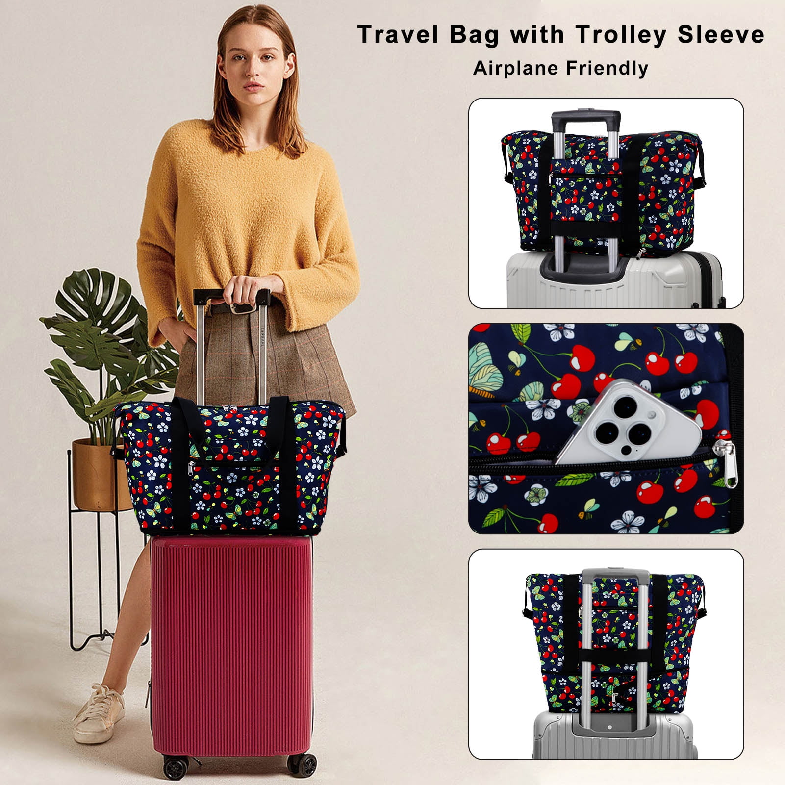 HAWEE Expandable Duffel Bag for Women with Trolley Sleeve and Wet Pocket Water Repellent Weekender Travel Tote Large Capacity Carry On Overnight Luggage for Gym/ Trip/ Camping/ Beach, Cherry