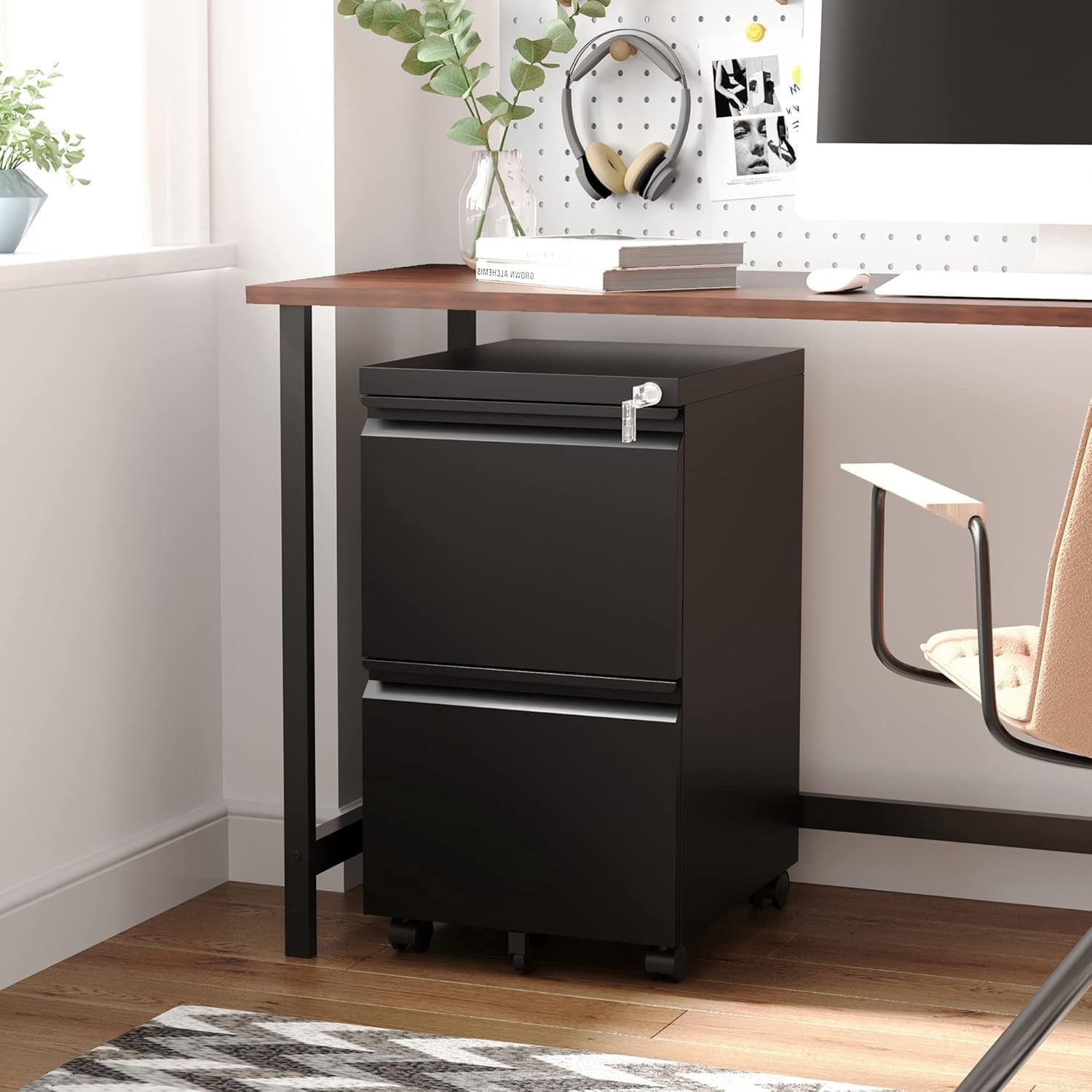 2 Drawer Mobile File Cabinet with Lock, Under Desk Metal Rolling Filing Cabinets for Home Office Organizer Letters/Legal/A4 (Black- Requires Installation)