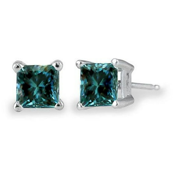 1/4ct Princess Cut Blue Diamond Earring Studs in 14K Gold