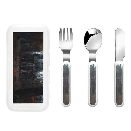 

Lukts Gloomy Mansion Forest Scene for Children s Knife Fork and Spoon Three-Piece Set Stainless Steel Children and Toddler Safety Cutlery with Outer Box