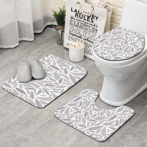 Light Grey Leaf Like Pattern Bathroom Rugs Sets 3 Piece,Toilet Cover Set,Absorbent Non Slip Bathroom Mats Sets with U-Shaped Contour Rug Toilet Rug Set
