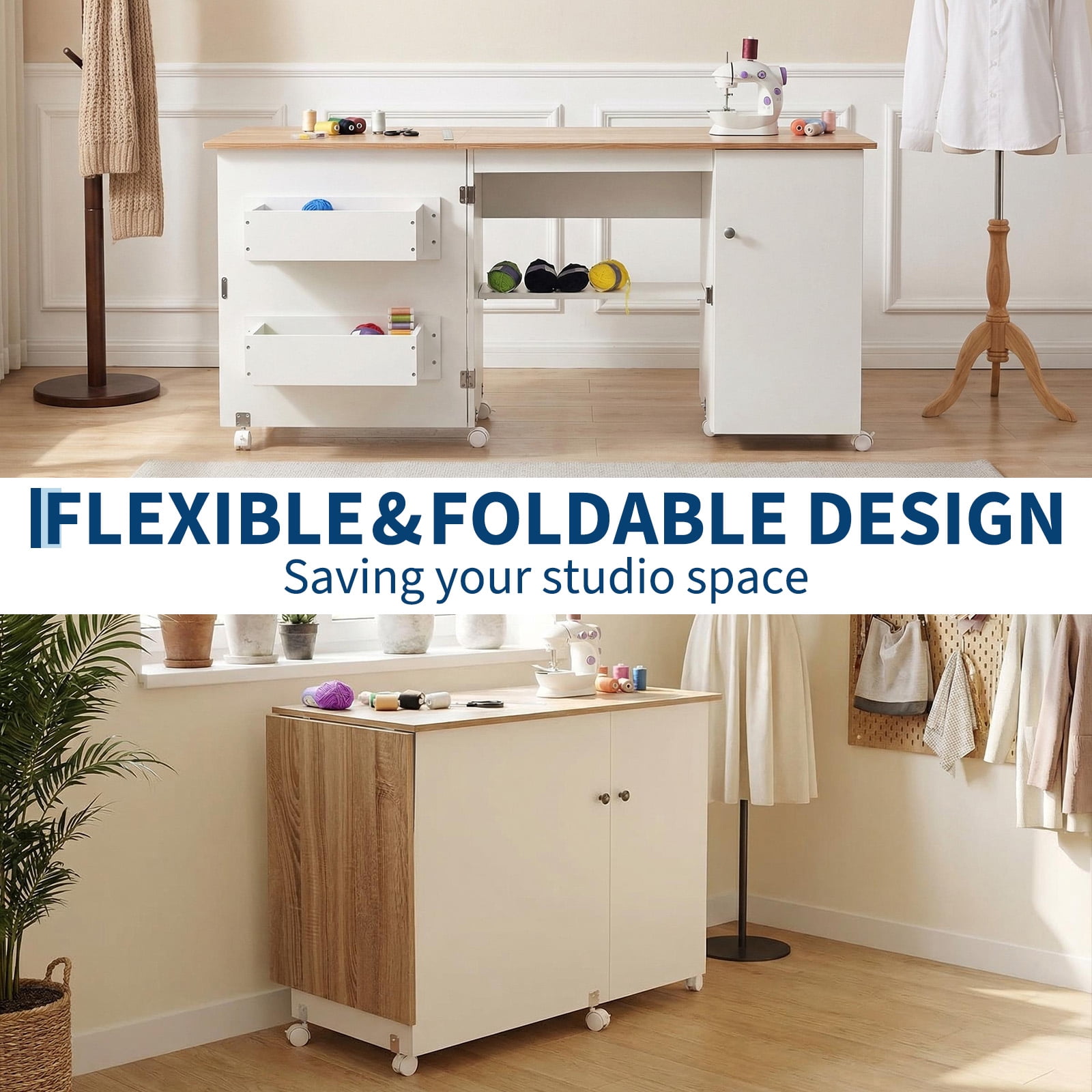 Gaderth Folding Sewing Table, Multipurpose Portable Craft Station & Side Desk with Caster Wheels, Storage Shelves, 2 Storage Trays, Magnetic Doors