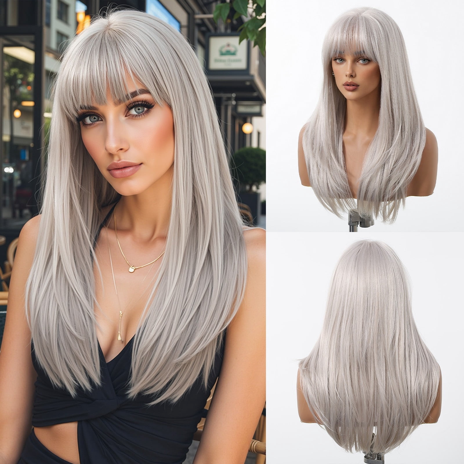 Long Straight Colorful Synthetic Hair Wig with Bang Grey Party Wig Fake Hair Heat Resistant Fiber