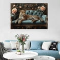 thumbnail image 3 of Mudket Leopard on Teal Carved Sofa with Peony Flowers Canvas Wall Art, French Luxury Wall Pictures for Living Room Print for Apartment Home Decor , Framed Ready to Hang - 12"L x 8"W, 3 of 9
