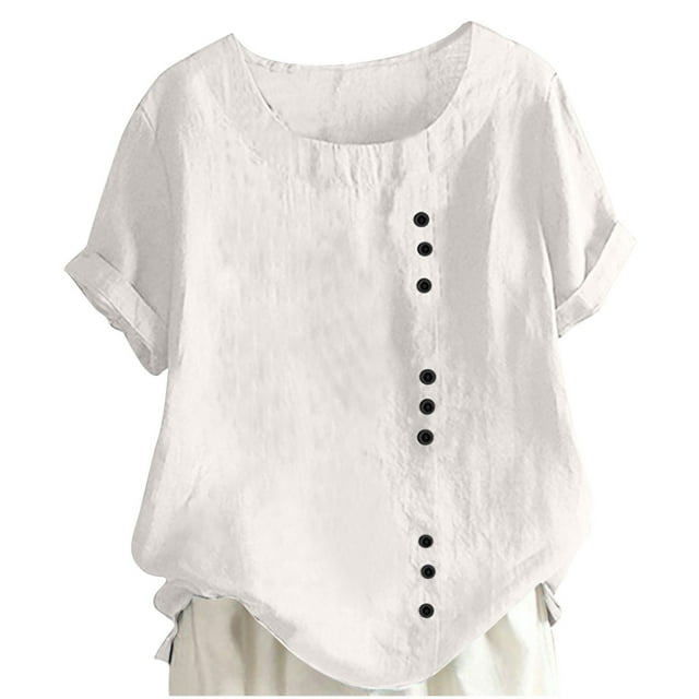 Yanlir Blouse d'Été en Coton et Lin pour Filles 5-15 Ans Manches Roulées Col Rond Plissé devant Boutons Hauts Actifs Couleur Unie Coupe Ample Décontractée (Blanc, 5 Ans)