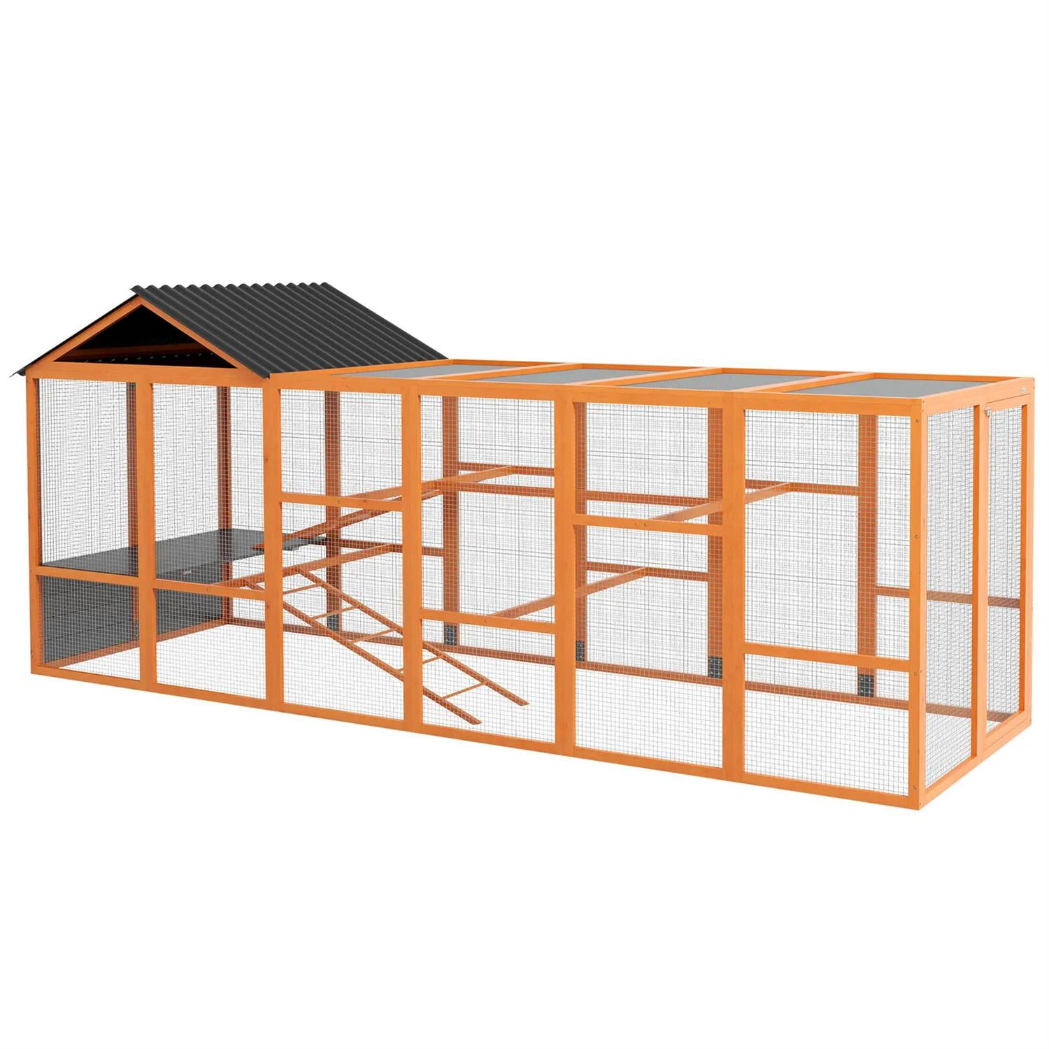 Pefilos 141" Large Chicken Coop Rabbit Hutch, Outdoor Wooden Poultry Cage Hen House Add-On with Storage, Perches for Garden Backyard, Orange