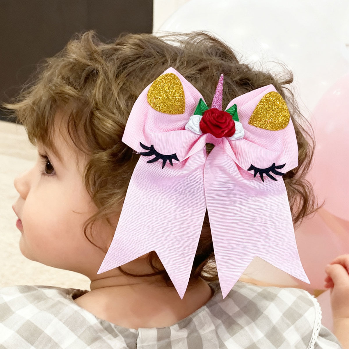 JoyBowie 6 pack 7.8 inch girls hair bows, unicorn cheer style grosgrain ribbon hair clips with glitter ears